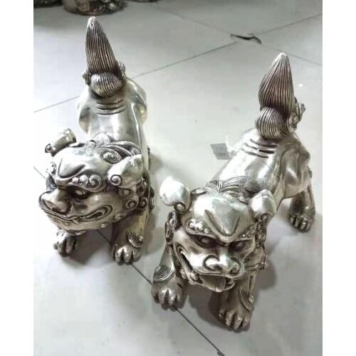 Pair Of Vintage Tibetan Silver Foo Dog Statuary Lucky Beast Talisman