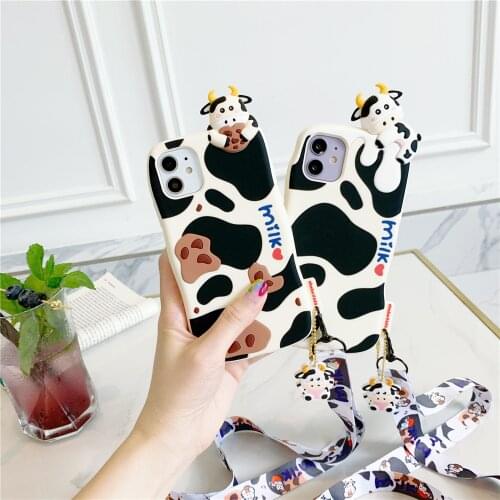 Cookie Milk Cow Soft Silicone Phone Case for iPhone 12 Pro Max 6 7 8 Plus X XR XS MAX Cow Pendant Lanyard Phone Cover
