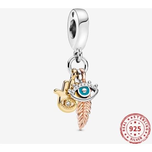 Real 925 Sterling Silver Charms Hamsa Eye Feather Spirituality Dangle Charm Fit Original Pan Bead Bracelets Necklace Diy jewelry
