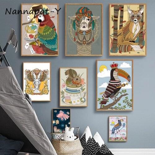 Scandinavian Llama Fox Parrot Toucan Elephant Wall Art Canvas Painting Nordic Poster Wall Pictures Living Room Home Decoration