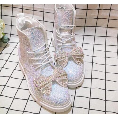 Rhinestone bow cute spring single sequins tide brand Martin boots non-slip heightening boots