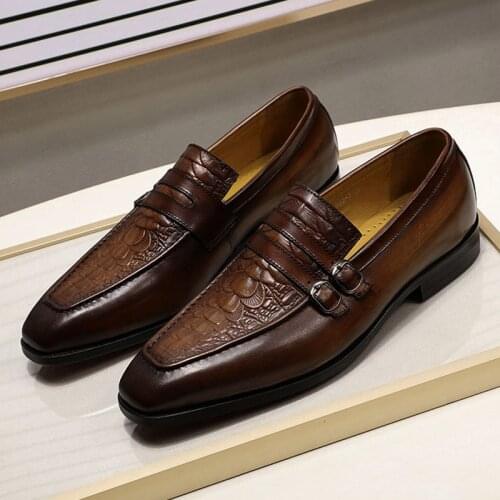 Luxury Mens Dress Shoes Crocodile Print Brown Genuine Leather Double Buckles Business Office Formal Slip On Shoes Mens Loafers