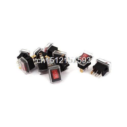 AC 250V/6A 125V/10A SPST ON/OFF 3 Pin Red Light Waterproof Rocker Switch 10PCS