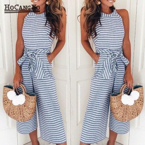 Summer Fashion Overalls Women Rompers Sleeveless Stripe O Neck Long Overall Ladies Jumpsuits Elegant Sashes Loose Party Jumpsuit