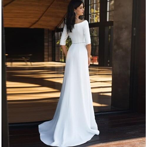 Vestidos De Novia Half Sleeve Satin Wedding Dress Crystal Beading Waist Trouwjurk Simple Hochzeitskleid Zipper Back Robe Mariage