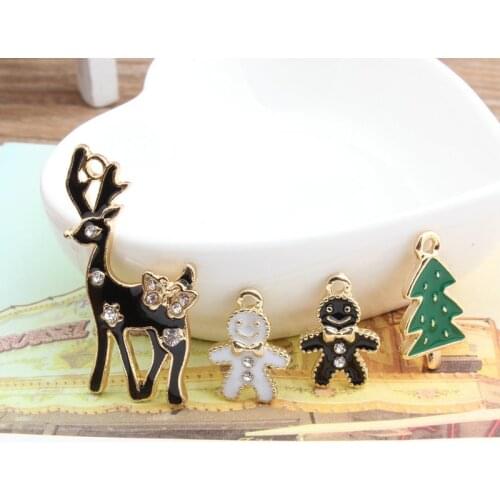 10pcs Christmas Tree Sika Deer Charms Enamel Pendant Gifts Rhinestone Bow Elk Earrings Decor Floating Jewelry DIY Material YZ513
