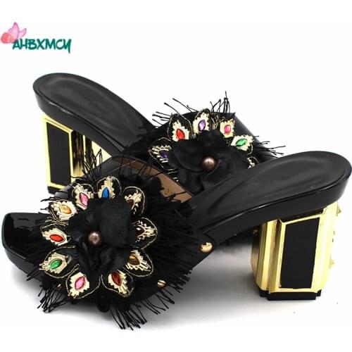 2020 Elegant Style African Women Shoes with Pearl in Black Color High Quality New Design Slipper with Platform for Wedding Party