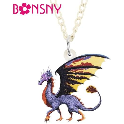 Bonsny Acrylic Cute Dragon Dinosaur Stretching Wings Necklace Long Trendy Pendant Chain Charms Gifts Jewelry For Women Girls