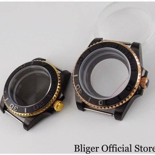 BLACK PVD Plated Watch Case for NH35 NH35A No Magnifier Brushed Insert Seeing Backcover Unidirectional Bezel