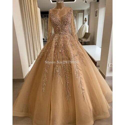 Champagne Glamorous Evening Dress A-Line Floor-Length Beaded Formal Dress Prom Dress Robe De Soiree Aibye Vestido de festa Dubai