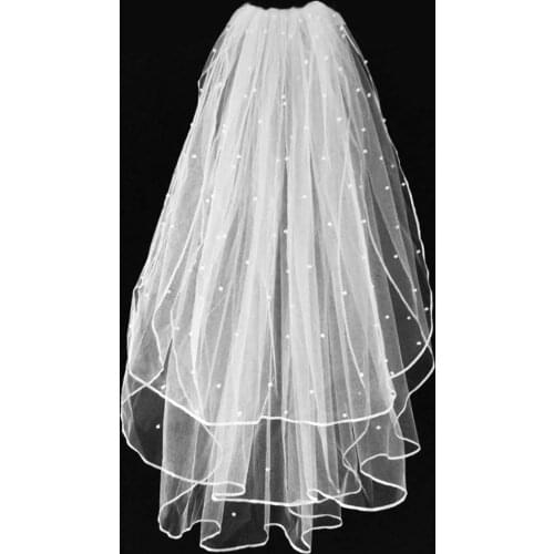 Top Online Wedding Veil White Bridal Veil Comb 3 Tier Ribbon Edge with Pearl Center Cascade for Bachelorette Party