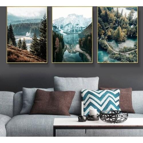 Canvas Painting Nordic Green Trees and Blue Lake Snow Mountain Poster and Prints Wall Art Picture for Living Room Home Decor