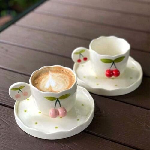 Ceramic Relief Coffee Cup Saucer Three Dimensional Cherry Lovely Hand Made Breakfast Milk Mug Lovers Afternoon Tea Cup