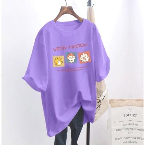 Korean Style White Plus Size Tshirt Middle Length Loose Slim Summer Tops Women Cute Cartoon Short Sleeve Oversize Tees Clothes