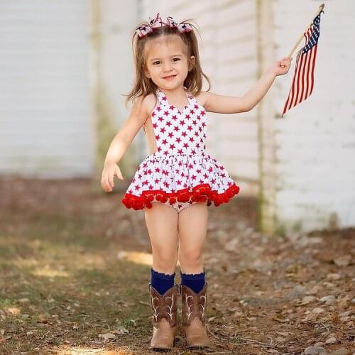 2021 2 Pcs Newborn Independence Day Outfits, Baby Girl Sleeveless Tie Up Pentagram Print Halter Romper with Pompom + Bowknot