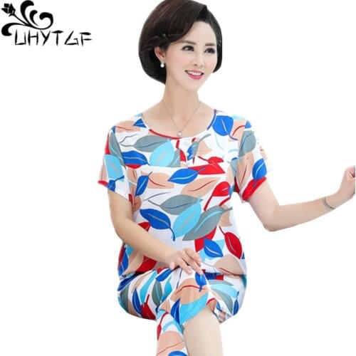 UHYTGF Middle-Aged Elderly Summer Pajamas Two-Piece Set Cotton Silk Home Wear Womens Nightwear Thin 4XL Plus Size Sleepwear 2143