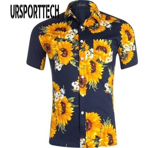 URSPORTTECH Men Hawaiian Shirt Summer 100% Cotton Short Sleeve Vintage Floral Printed Shirt Men Beach Shirts For Men Plus Size