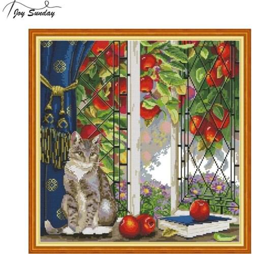 Joy Sunday Cat Printed Cross Stitch Kit Embroidery Stitch 14 11ct DMC DIY Printed Canvas Aida Fabric Cross Stitch Needlework Set