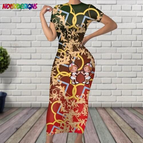 NOISYDESIGNS Women Long Dress Streetwear Party Club Elegant Euporean Golden Flower And nurse Girls Printed Dresses Gradient