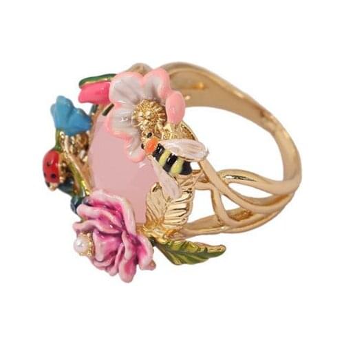 New Pink Flower Ladybug Bee Around Ring European and American Fashion Personality Creative Trend Temperament Ring Jewelry