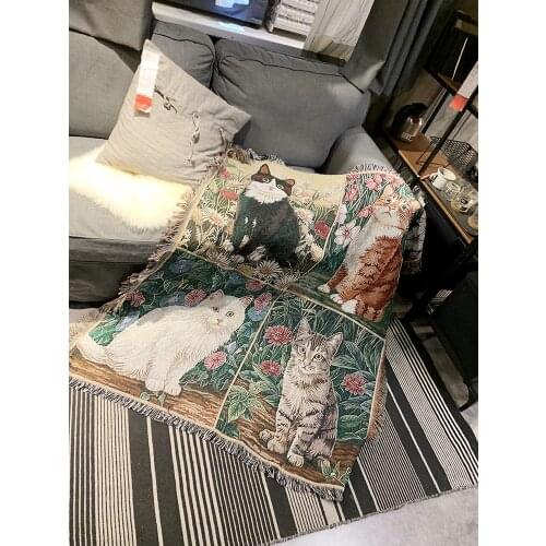 Cat Print Leisure Blanket Art Knit Embroidered Cotton Blankets Sofa Cobertor Hanging Tapestry For Sofa Bed Plane Travel Sofa