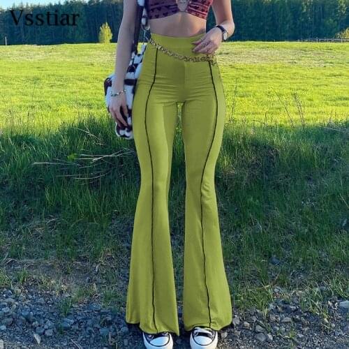Vsstiar Casual Flare Pant Flare Pants Sexy Bodycon High Waist Green Trousers New Summer Knitted Streetwear Women Outfit Fashion