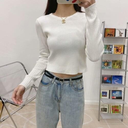 Casual Women Knitted Cropped Tops T Shirts Spring Fall O Neck Long Sleeve Sweater Tshirt Korean Slim Stretch White Tee Clothes