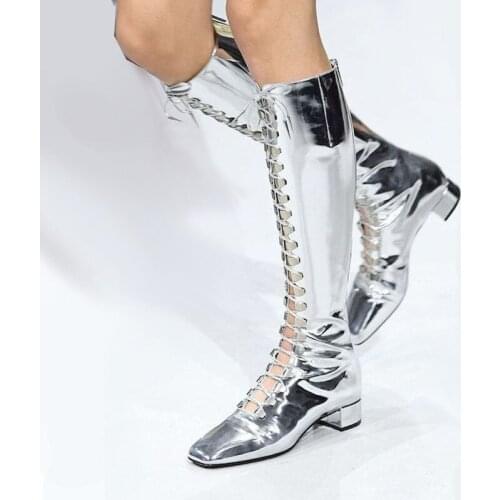 Sexy Mirror Shiny Leather Square toe Knee high Boots Med Heels Glitter Front Lace up Zip Boots Stage Catwalk Bling Botas Shoes
