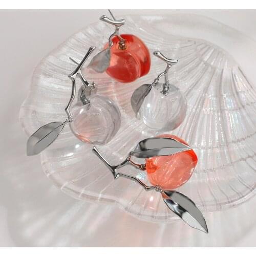 Lifefontier Transparent Pink Peach Drop Earrings for Women Girls Cute 3D Asymmetric Fruit Dangle Earrings Korean Fashion Jewelry