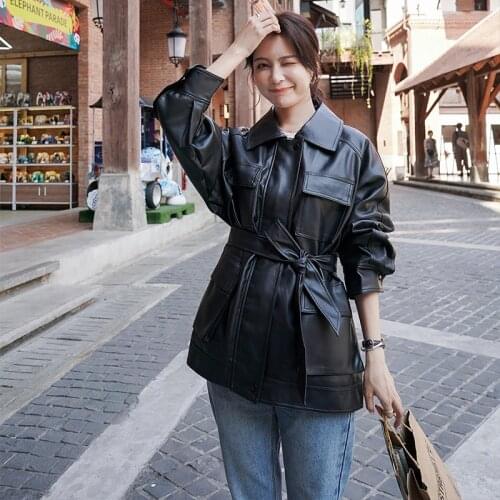 Shnsophi New Autumn Women Loose Black Pu Faux Soft Leather Jacket Turn Down Collar Streetwear Female Biker Pockets Coat Outwear