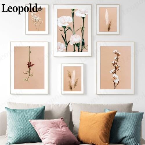 Nordic Minimalist Bouquet Canvas Painting Orange Background Carnation Gypsophila Reed Wall Art Modern Home Living Room Decor