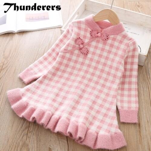 Thunderers Autumn Winter Knit Children Dress Plaid Printed Long Sleeve Elegant Girl Dresses Thick Warm Kids Girl Clothes