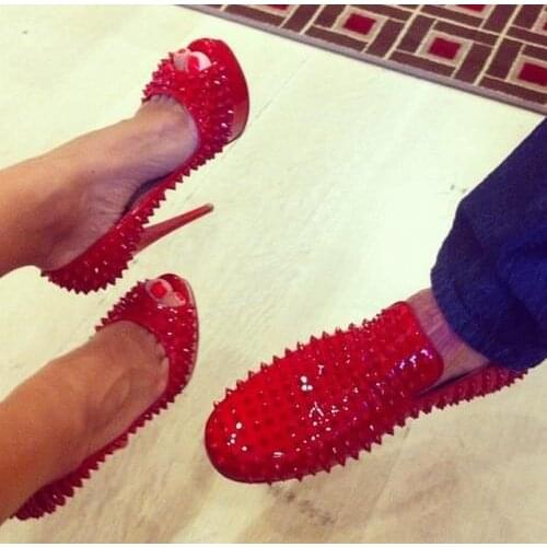 Bright Red Rivets Studded Platform Pumps Woman Peep toe 14 cm Super High Thin Heels Party Wedding Shoes Peep Toe Dress Shoes