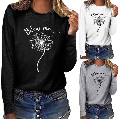 Autumn Clothing Womens T-shirts Printed Casual Loose Round Neck Long Sleeve T-shirt Tops Dandelion Printed Y2k Harajuku Clothes
