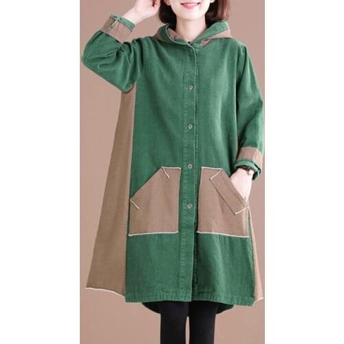 2021 autumn new Korean version loose large size hooded contrast stitching corduroy windbreaker single-breasted mid-length coat44
