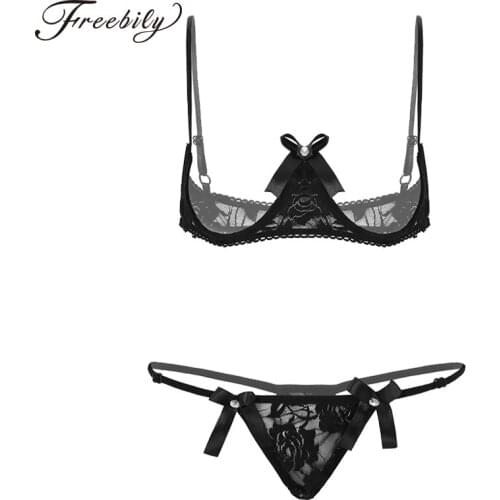 Womens open cup bra top Sexy Thong Sheer Lace Lingerie Bare Exposed Breasts Underwired Shelf Bra with G-string thong underwear