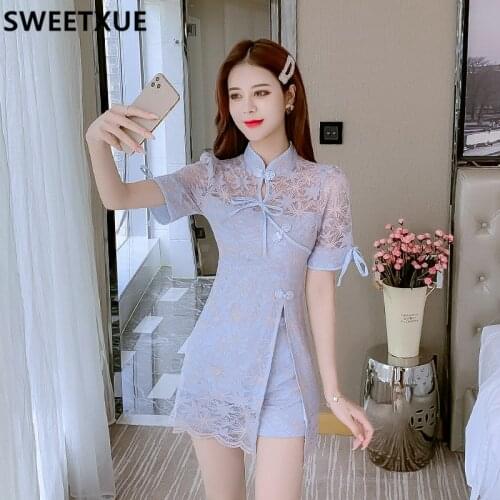 SWEETXUE Hot Fashion Summer Womens 2021 Temperament Two-Piece Set Lace Bow Lace-up Dress + Shorts Suits Casual Outfit Female