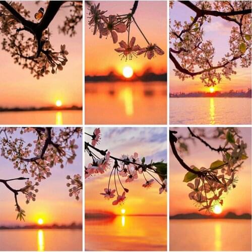 ZOOYA Diamond Embroidery Sunset Full Square & Round Cross Stitch Sea Diamond Painting Cherry Blossoms Mosaic Scenery Home Decor