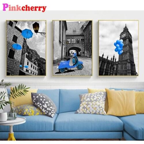 3 piece Romantic Painting Feature Blue Car Diamond Painting Full square Round Mosaic Diamond Art Embroidery Diamond Mosaic Craft
