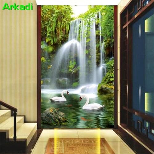 3D three-dimensional custom TV background wall paper fish waterfall Swan nature landscape living room wallpaper entrance