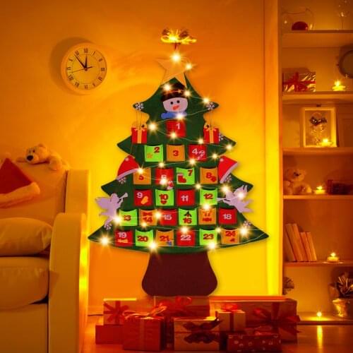 Behogar Felt Advent Calendar Christmas Tree Countdown Hanging Ornaments with String Light for Kids Christmas Wall Decorations