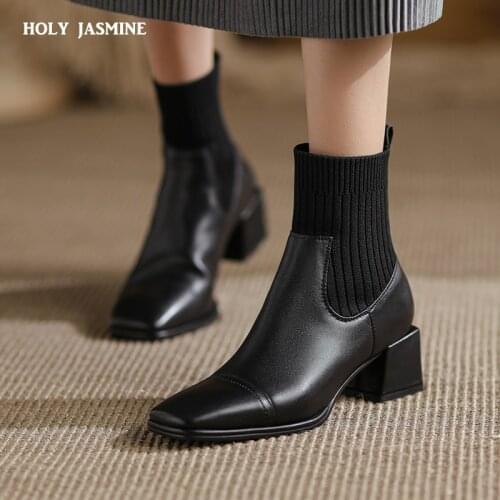 Chelsea Boots Women Ankle Boots Fashion Concise Square Toe Thick Heel 2021 Autumn Winter Genuine Leather Shoes Woman Office Lady