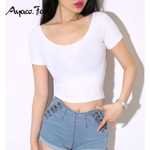 Sexy Short Women T-Shirts 2019 Spring Summer New U-Neck Skinny Tshirt Short Sleeve Tee Casual Slim Ladies Girls Streetwear Tops