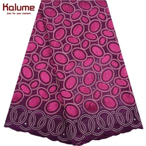 Kalume High Quality African Swiss Cotton Lace Fabric Fuchsia Nigerian Swiss Voile Lace Fabric With Stones For Party Dress F2062