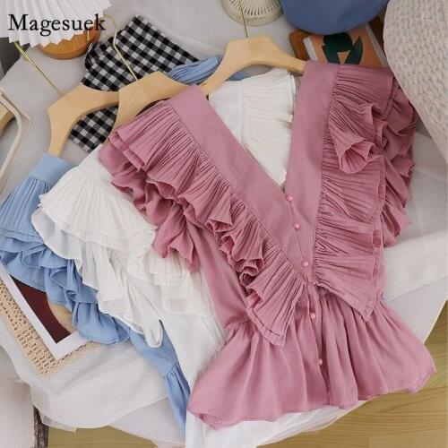 Lace Ruffles Sleeveless Slim Women Shirt 2021 Summer Deep V-neck Sweet Ladies Blouse Elegant Retro Fashion White Shirt Top 14941