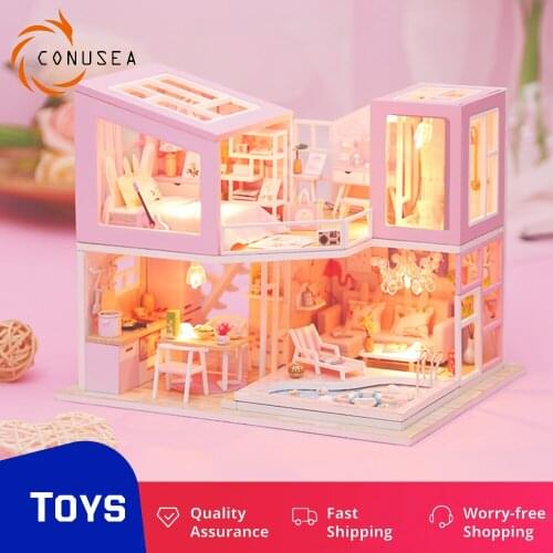 Diy Dollhouse Pink First Love Hut Assembled Miniature Furniture for Doll House Wooden Toys Dollhouse Building Kits Toys for Girl