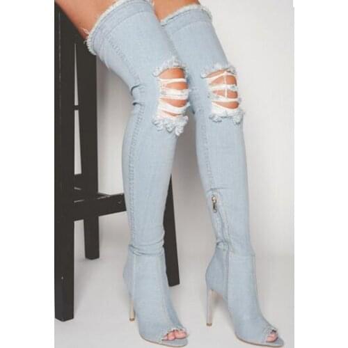 Hot Selling Brand Designer Blue Denim Ripped Thigh Boots Peep Toe Pleated Light Blue Denim Lycra Over the Knee Boot Large