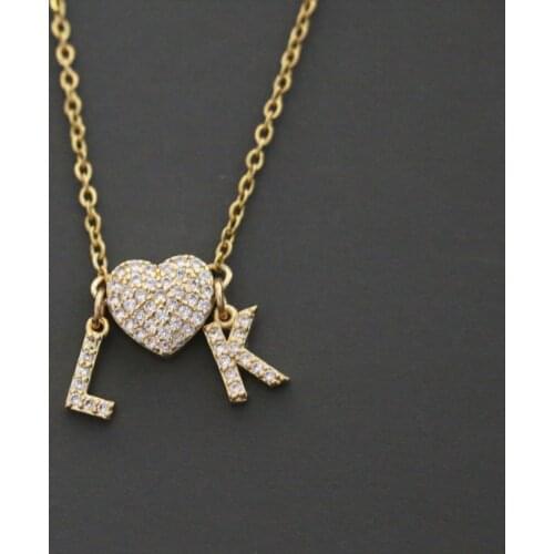Cute Micro Pave CZ 2 Initial Letters Name Heart Pendant Necklace Trendy Gold Color Zircon Alphabet Charm Collar Steel Thin Chain