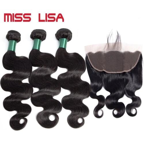 MISS LISA Body Wave Bundles With 13*4 Lace Frontal Non-Remy Malaysia Human Hair Weave Bundles With Frontal Hair Extension
