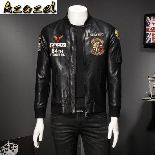 New Baseball Collar Embroidery Male Leather Jacket Men Autumn Motorcycle Jacket Black Outerwear Faux Pu Leather Jacket 2020 Coat